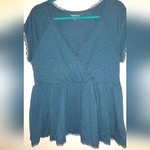 torrid Teal Blue Lace Trim Surplice Babydoll Top